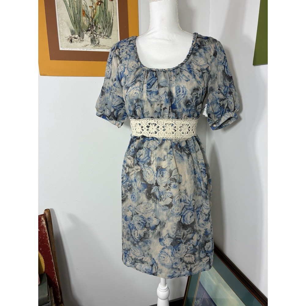 NWT Anthropologie Nick & Mo Blue Rose Floral Lace Dress Small Cottagecore